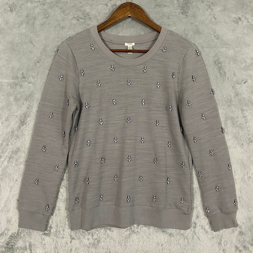 J.Crew Sweatshirt Sz S Grey Painted Jewell Embellished Slub Cotton Preppy Glam